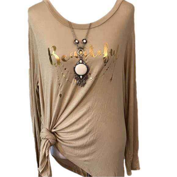 Tan “Beautiful” Foil Graphic Top – Long Sleeve Knot Hem Tee with Necklace - Picture 3 of 7